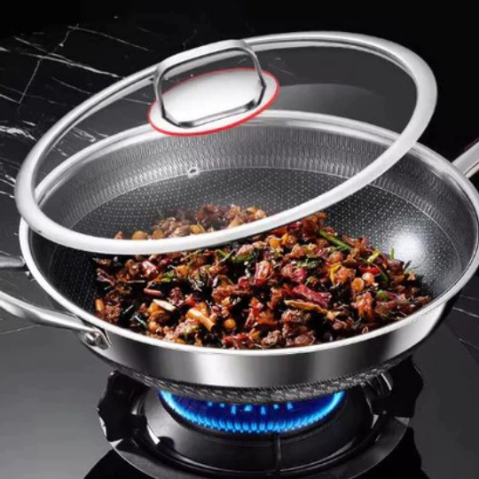 Wajan Stainless Steel 304 316 Honeycomb Anti Lengket Wok Pan Premium Dengan Tutup