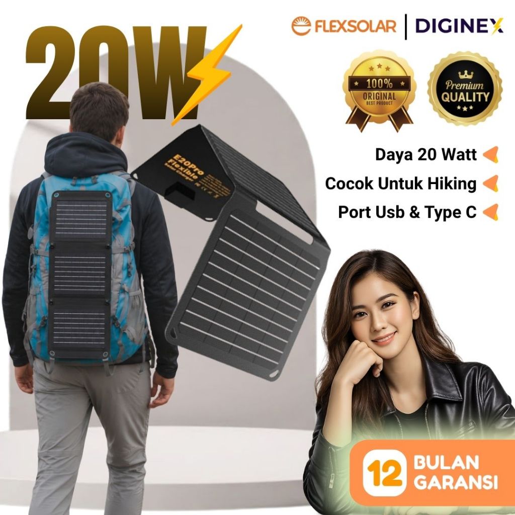 Panel Surya Portable Charger Tenaga Surya Lipat Outdoor Camping Waterproof 20W Flexsolar E20 Pro
