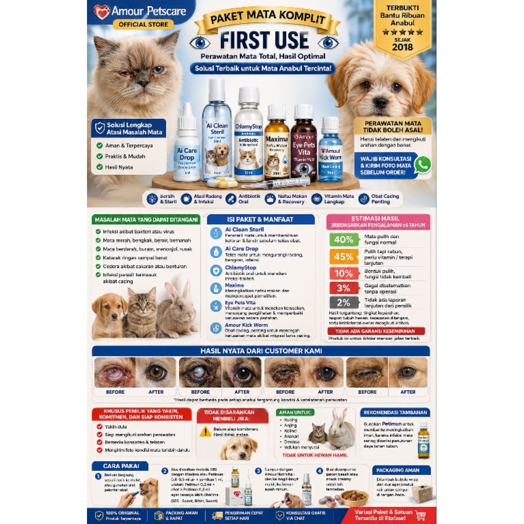 AMOUR - PAKET OBAT MATA KOMPLIT FIRST USE KUCING/ANJING/KELINCI | Infeksi, Chlamydia, Bengkak, Berna