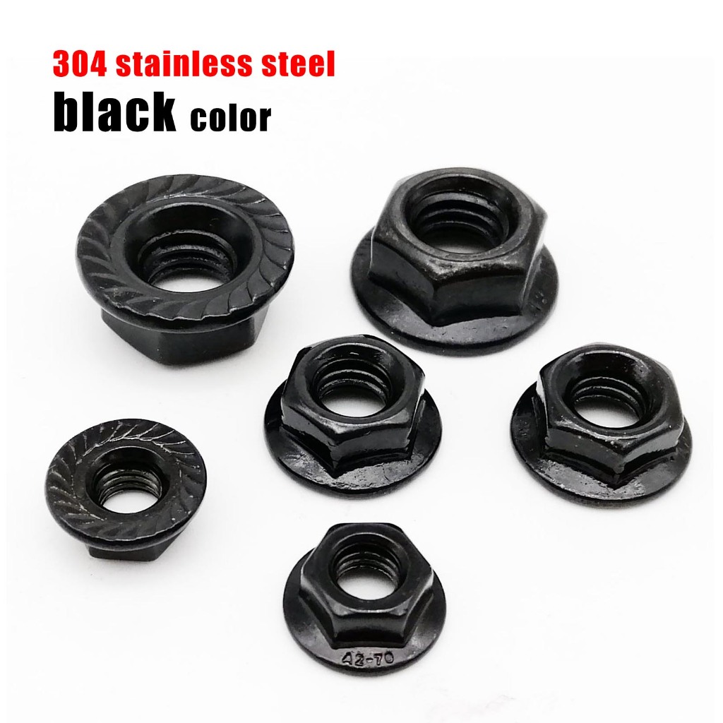 baja karbon 304 stainless hitam mur flange nut M4 kunci 7mm M5 8mm M6 10mm mur topi DIN 6923 level 6
