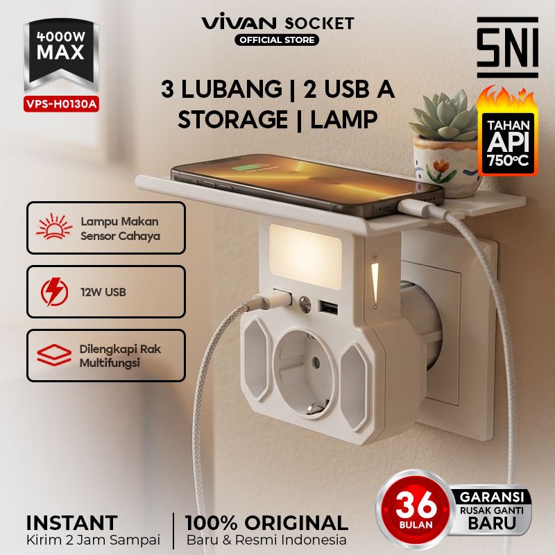 [Stop Kontak Lampu Tidur] 7 in 1 VIVAN Safety Socket Rak Multifungsi 2 USB Charger Lampu Sensor SNI 