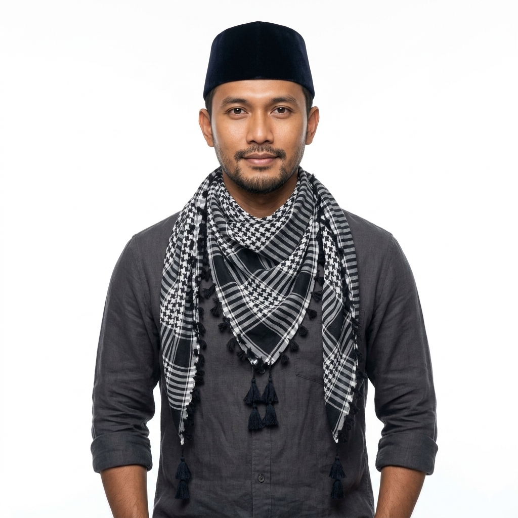 Sorban Palestina Keffiyeh Shemagh Hitam Putih Original - Syal Arab Surban Habib Dewasa