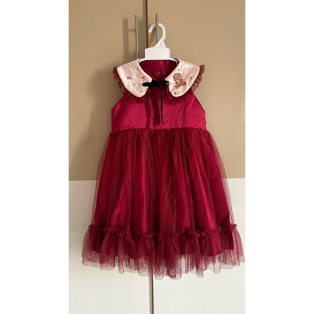 PRElOVED dress gaun anak cewek pesta maroon merah natal imlek tulle little jent