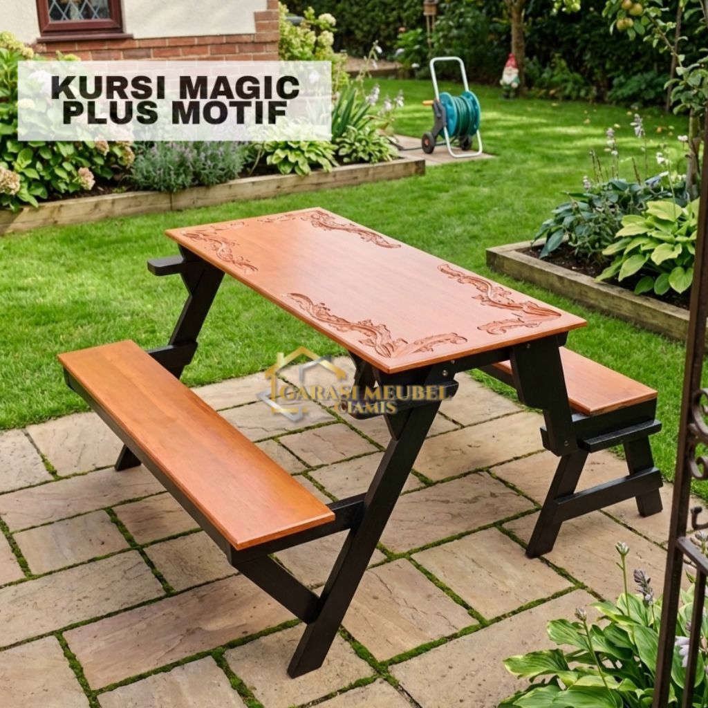 Kursi Meja Lipat Magic 2 In 1 Plus Motif Ukiran di Meja / Kursi Aesthetic / Kursi Magic / Kursi Lipa