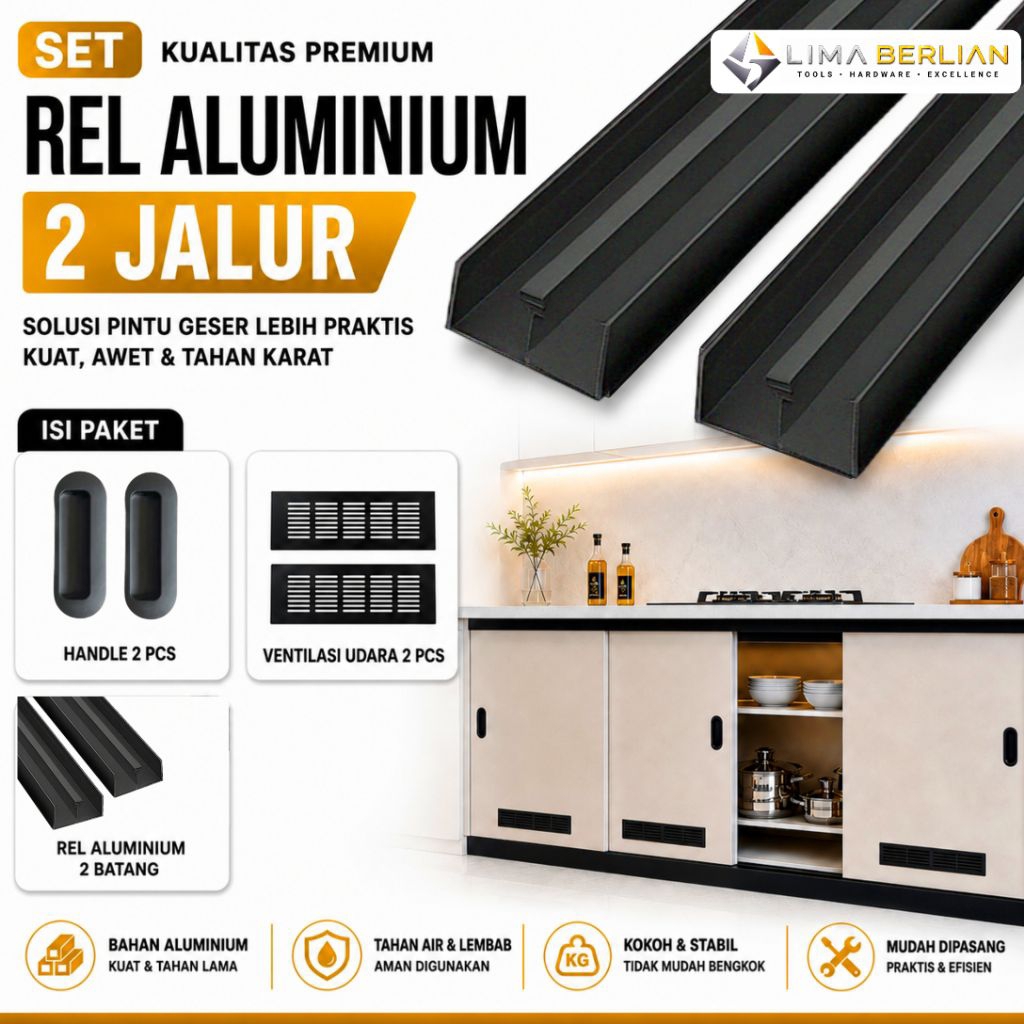 Set Rel Aluminium 2 Jalur Pintu Geser + Handle + Ventilasi Udara 1m 1.2m 1.5m 2 Meter | Rel Lemari D