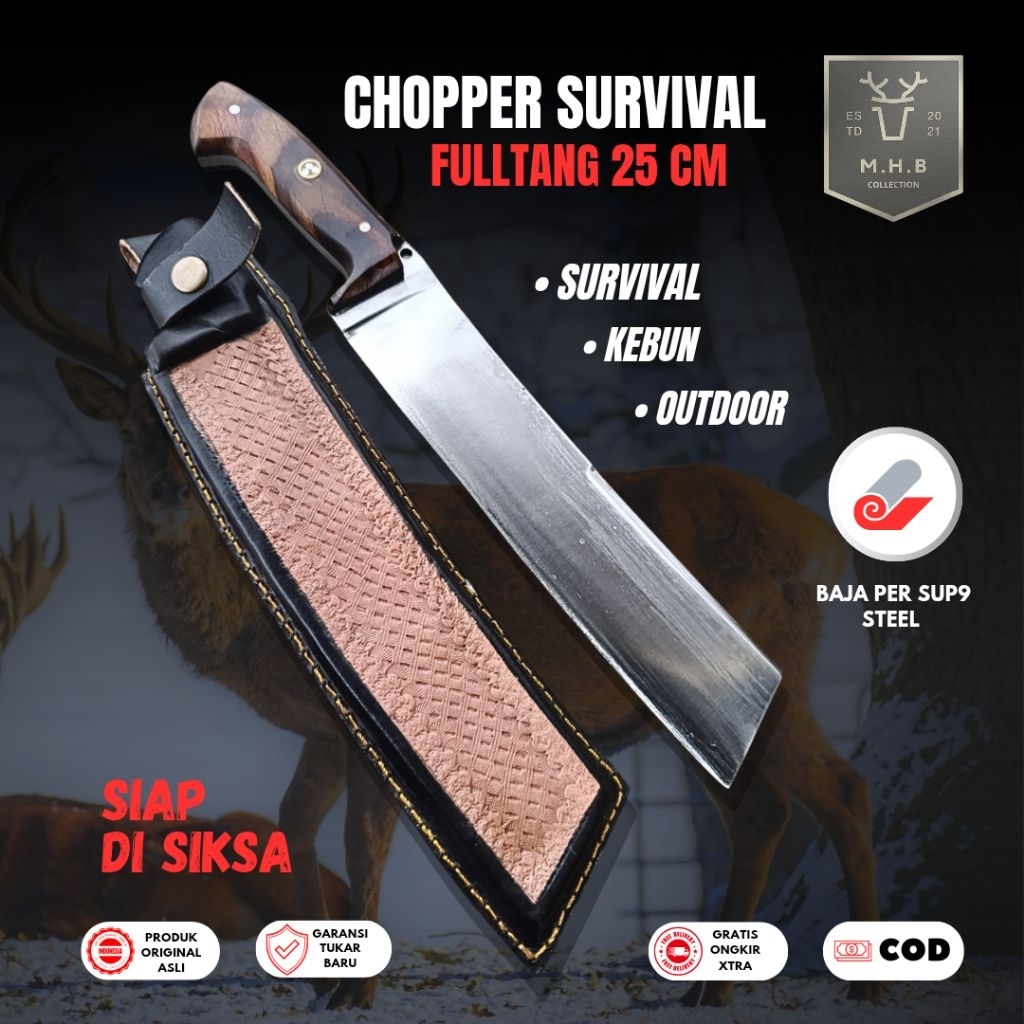 MHB | Pisau Chopper Spek Kompetisi - Survival Bushcraft Multifungsi Baja Per sup9 Fulltang Pb 30cm