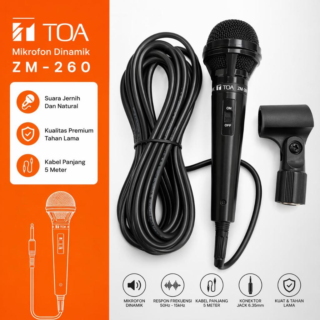 Mic TOA ZM-260 Original Mikrofon Dinamik Kabel 5 Meter Suara Jernih