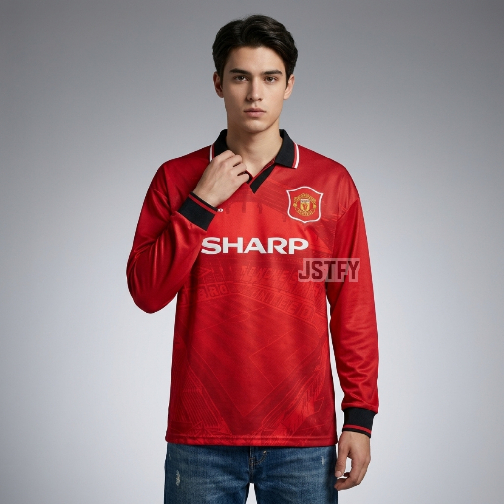 Jersey Retro LongSleve Mnchstr Untd Home 1994 1995 1996 Long Sleeve LS Lengan Panjang Sharp Baju Bol