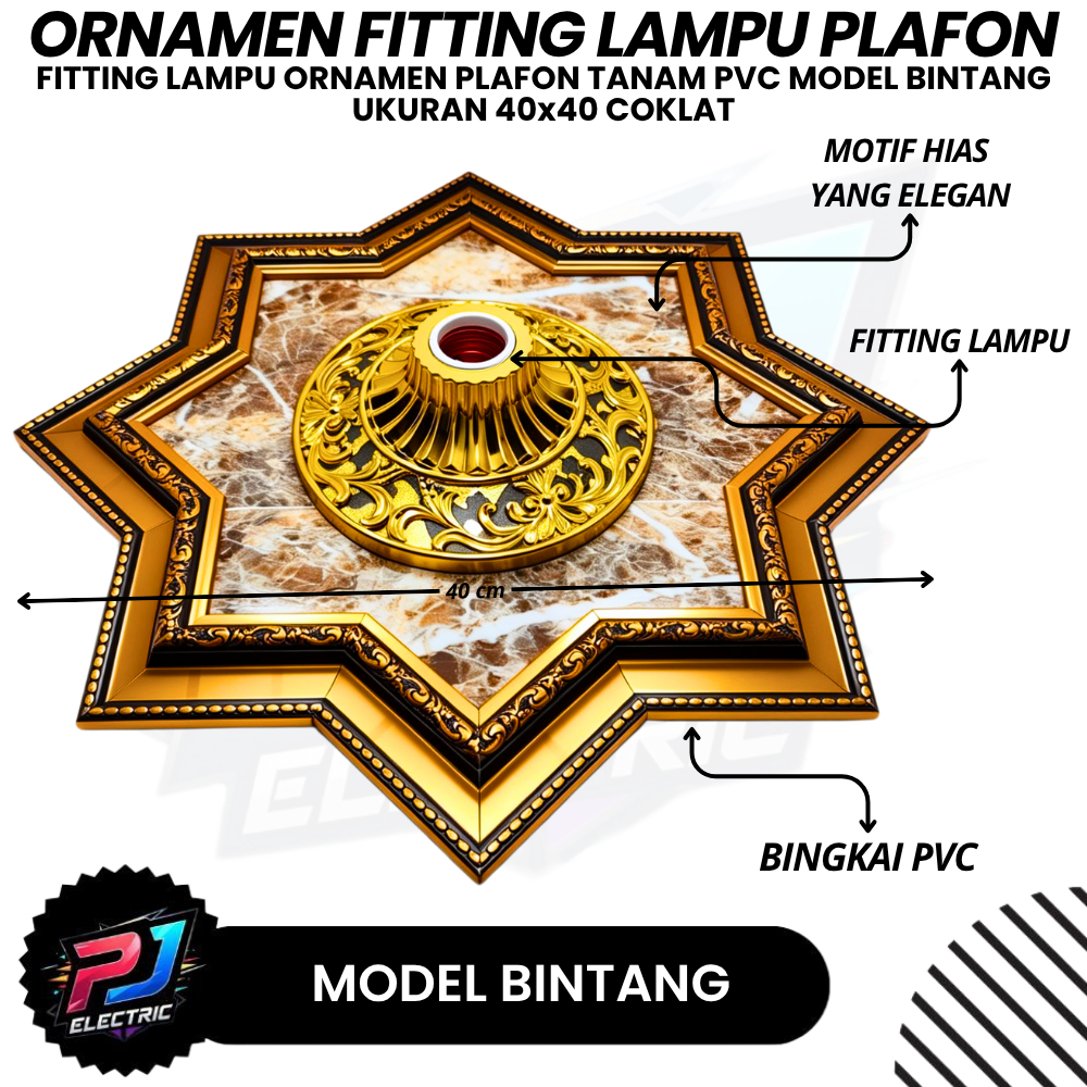 Fiting Lampu E27 Hias Ornamen PVC Plafon 40x40cm fitting motif Model BINTANG Hitam Gold PVC Kuat Tah