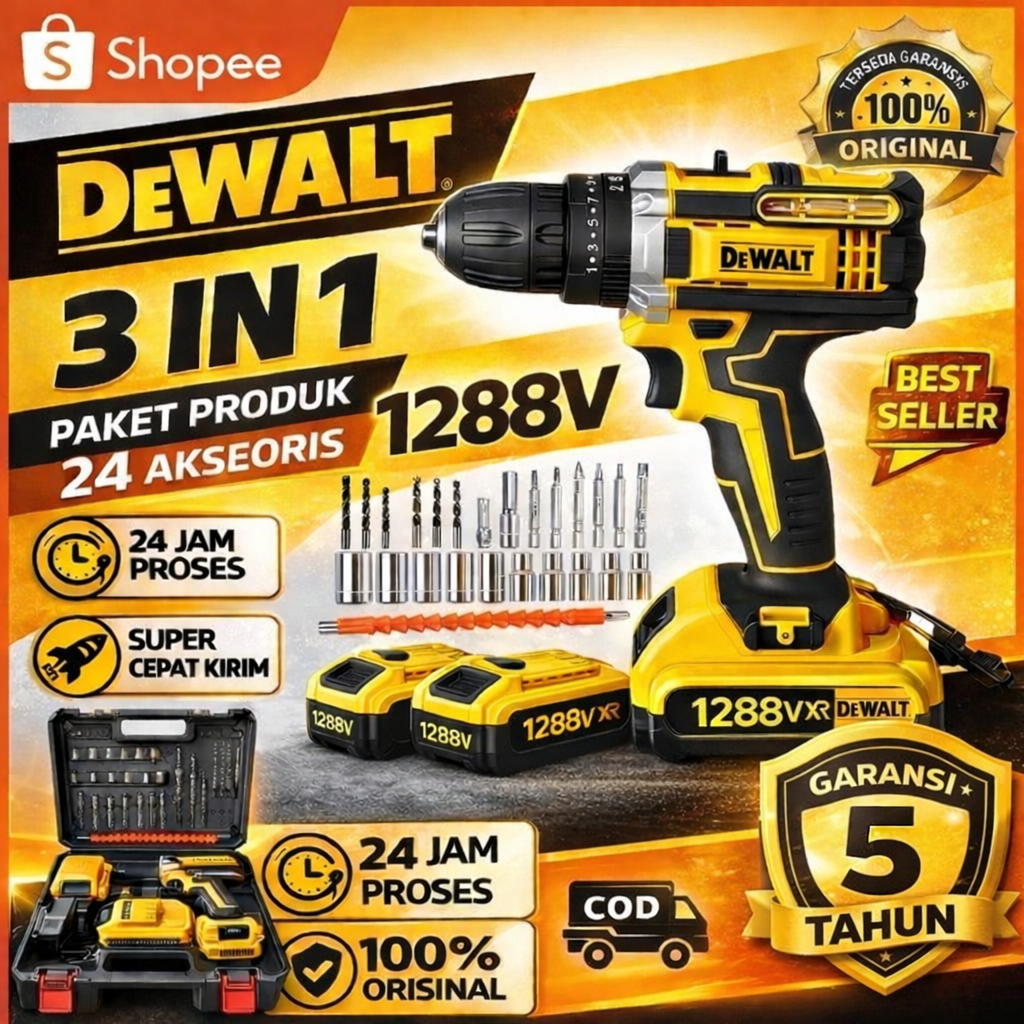 Dewalt 1288V Mesin Bor Listrik 3IN1, 2 Baterai Bor Listrik Murah Bor Tangan Baterai Besi Tembok Beto