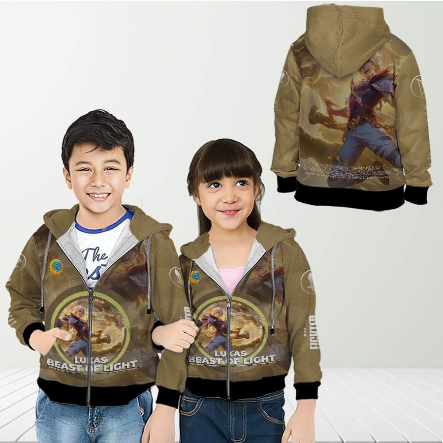 Jaket Hoodie Zipper Anak Hero Lucas Figher Mobile Legend ML Custom Full Printing