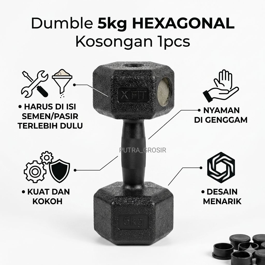 barbel dumbel HEXAGONAL 5kg kosongan tanpa isi (1 biji) plus tutup