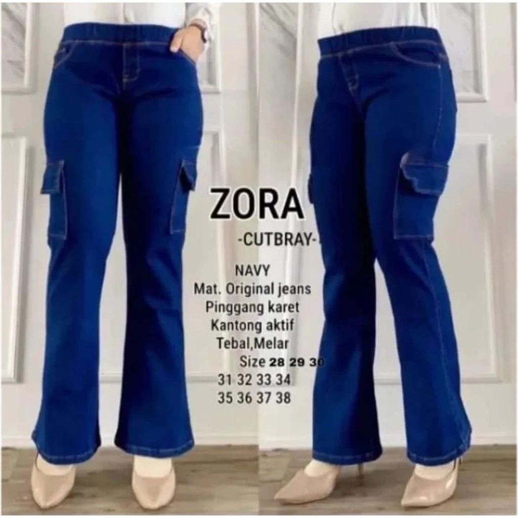 Celana Wanita Zora Cutbray Cargo Jeans Highwaist