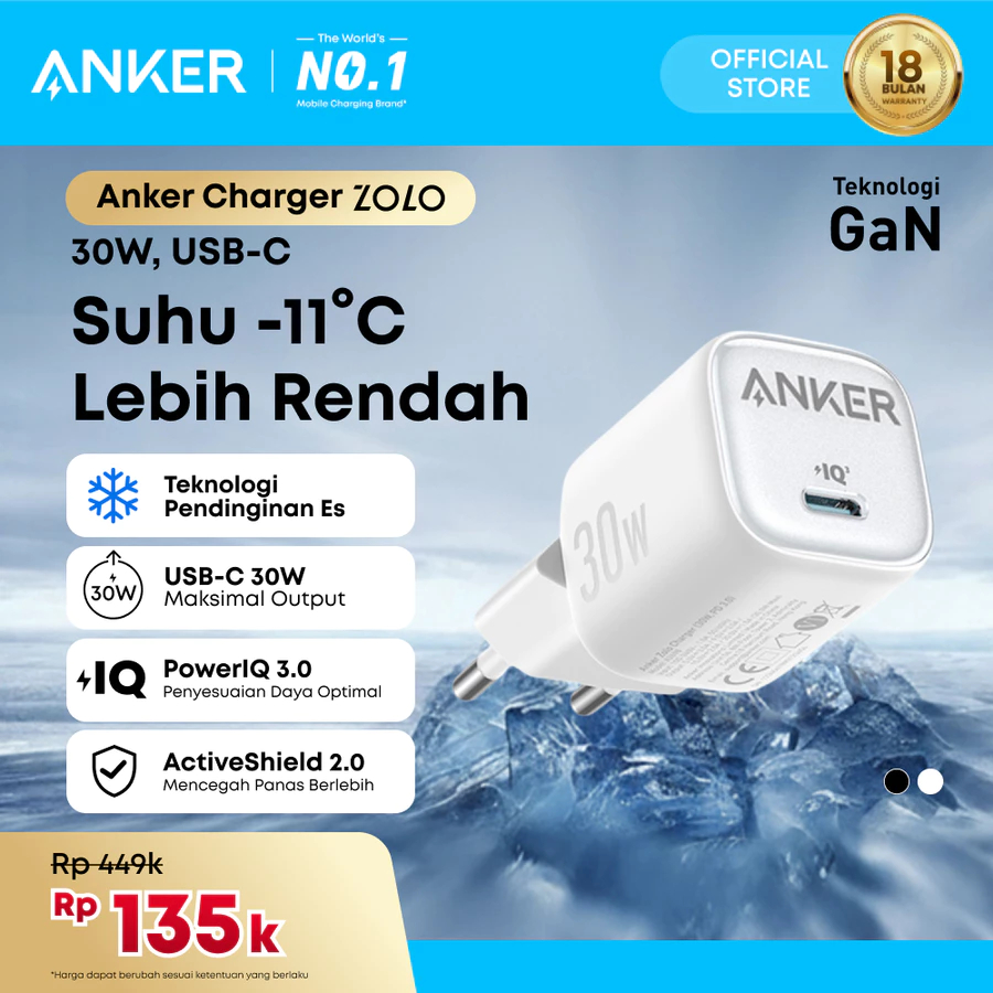 Kepala Charger Adptor ANKER 30 Watt MFI TYPE-C output support fast charging