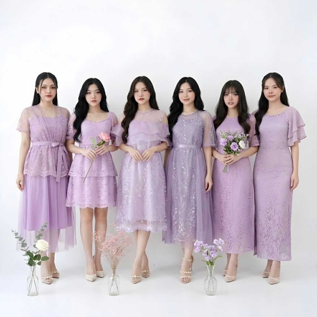 Dress Party Brukat Bridesmaid Lilac Wanita Kondangan Brokat Midi Dress Elegan Pesta Edisi Warna Ungu