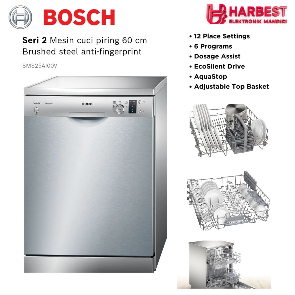 BOSCH DISWASHER Seri 2 Mesin Cuci piring 60 cm Brushed steel anti-fingerprint SMS25AI00V GARANSI RES