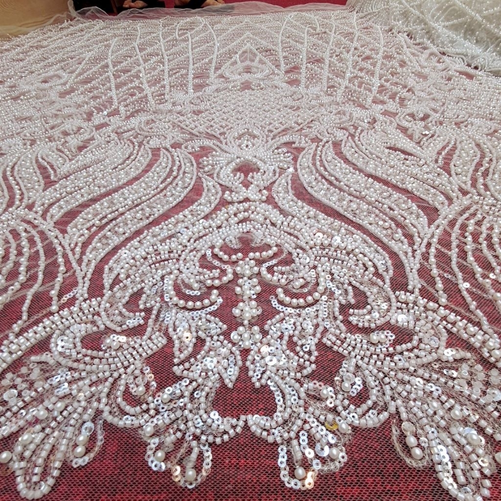 Kain Tile Full Payet Bordir Mutiara Premium Glamor Warna Eksklusif Putih Bw / kain tile full payet m