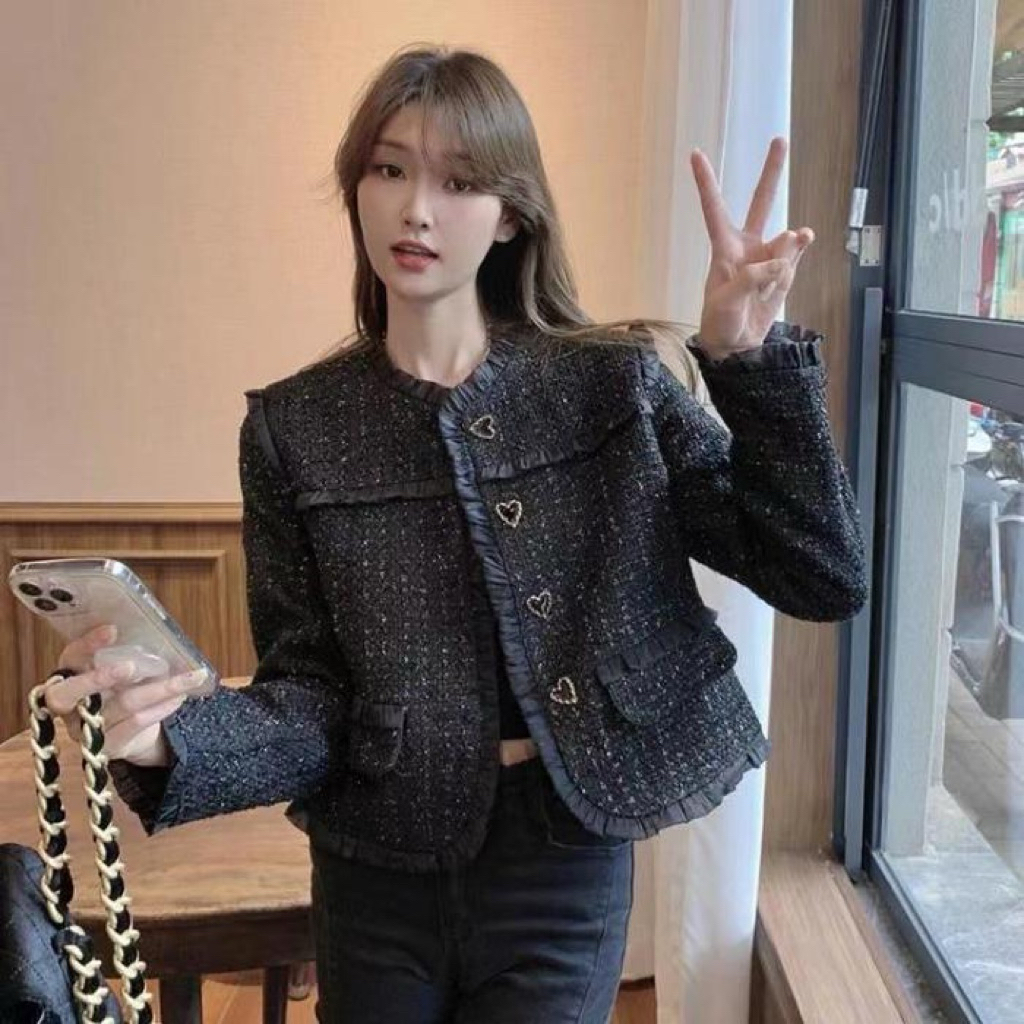 Blazer Tweed Hitam Kancing Love