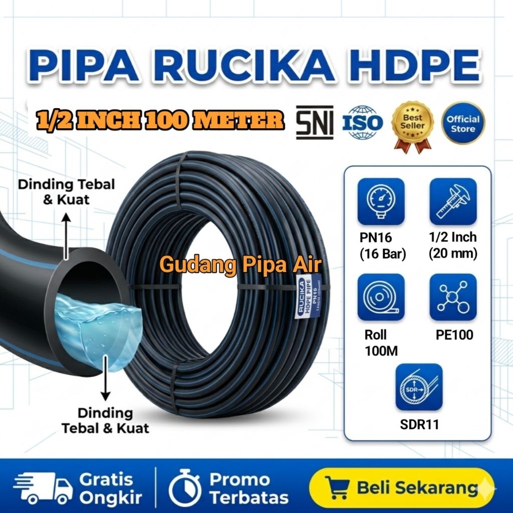 Pipa Hdpe 1/2 inch Rucika 100 Meter PN16