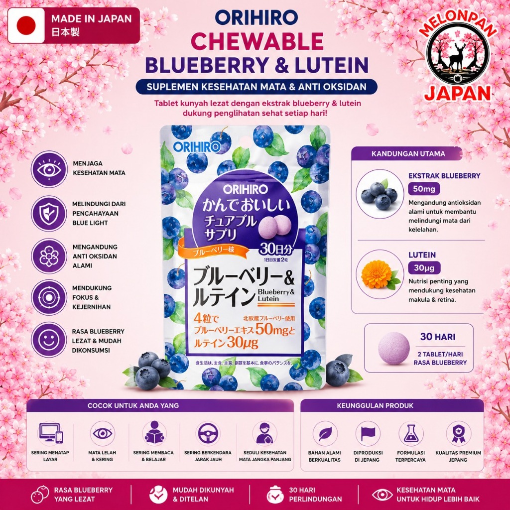 Orihiro Blueberry Lutein 30 Days Jepang, Suplemen Mata Jepang, Vitamin Mata Jepang, Blueberry Lutein