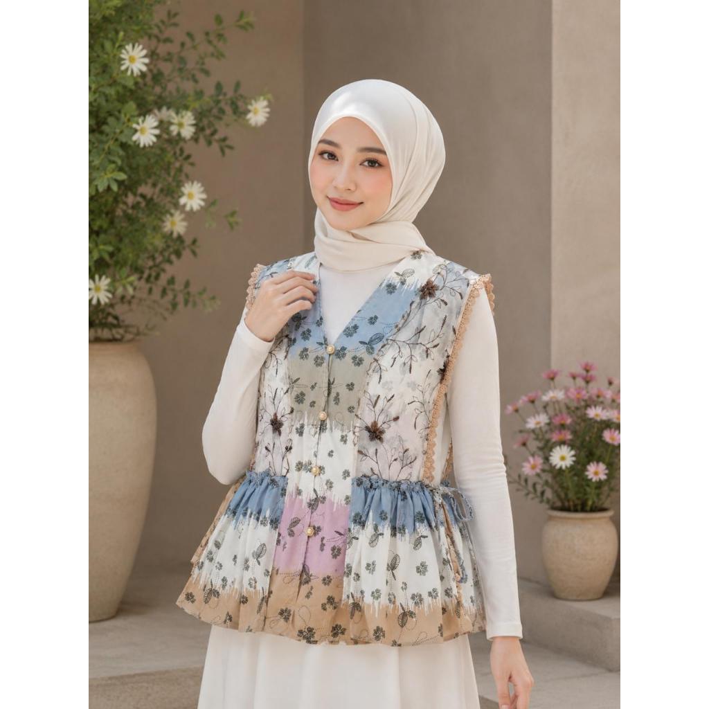 Outer Vest Brokat - Vest Kondangan - Atasan Kemeja Rompi Wanita Kekinian - Vest Flaura