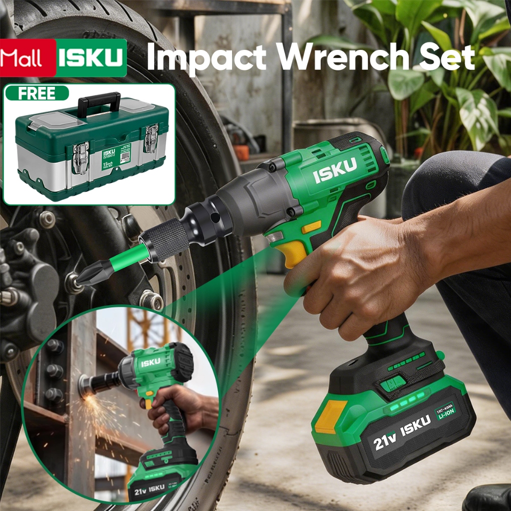 [Kunci Impact Set] ISKU Kunci Impact 21V 380N Brushless Torsi/Tool Box Stainless/Kunci Mata Shock Im