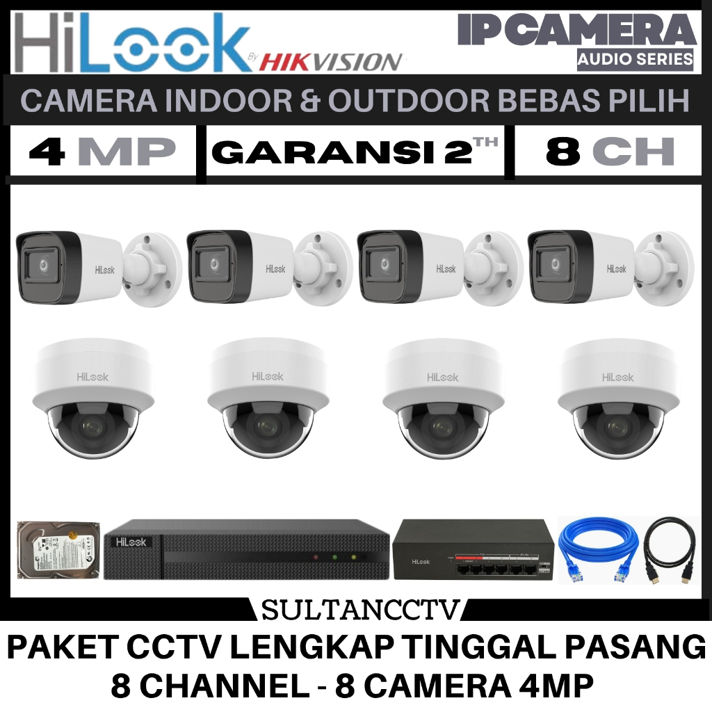 Paket Cctv Hilook 8 Channel 8 Kamera 4mp Ip Camera Audio Series Komplit Pantau HP