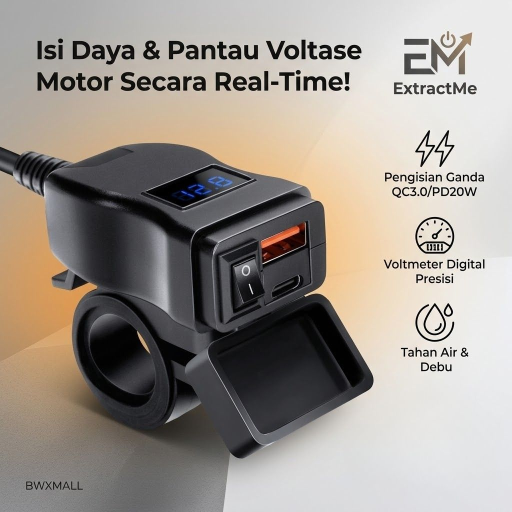 Cas HP Motor Tahan Air ExtractMe Charger Dual USB Type C PD 20W Fast Charging QC 3 0 Dilengkapi Volt