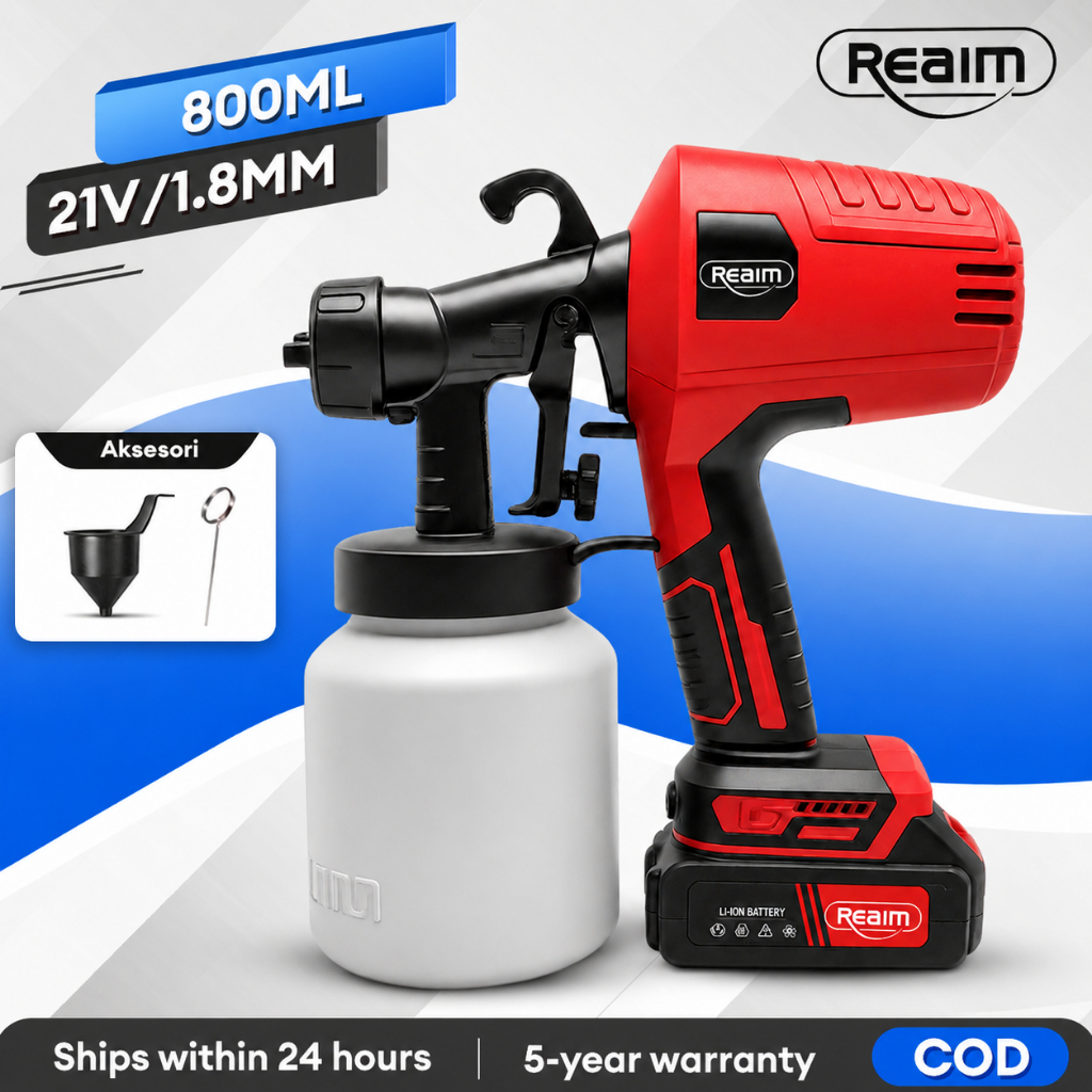 Reaim Mesin Semprot Cat Spray Gun Elektrik Cordless 21V Baterai Lithium 800ML Nozzle 1.8MM