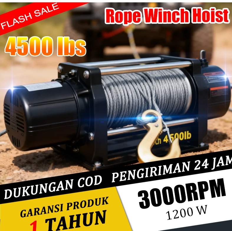 DEWIN Winch Mobil Offroad 4500lbs Electric Hoist Mini 12V Tali Sling Baja Kuat Rope Winch Hoist