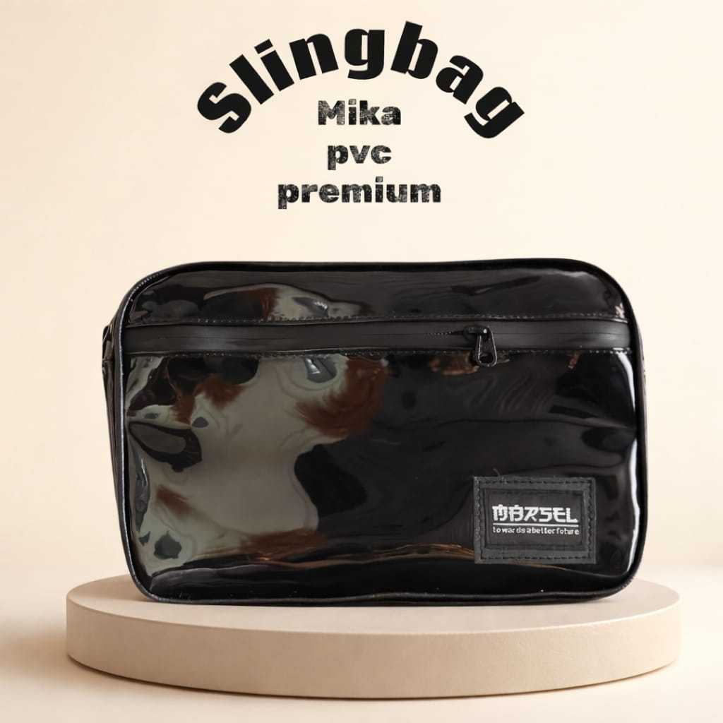 Tas selempang mika hitam pvc tas mika 0.6 tas slingbag cewe cowo unisek