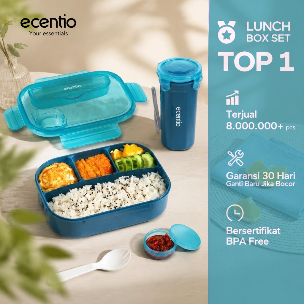 [Versi 2.0] ecentio lunch box anti tumpah 1200ml & botol 500ml tempat makan tempat bekal makan tempa