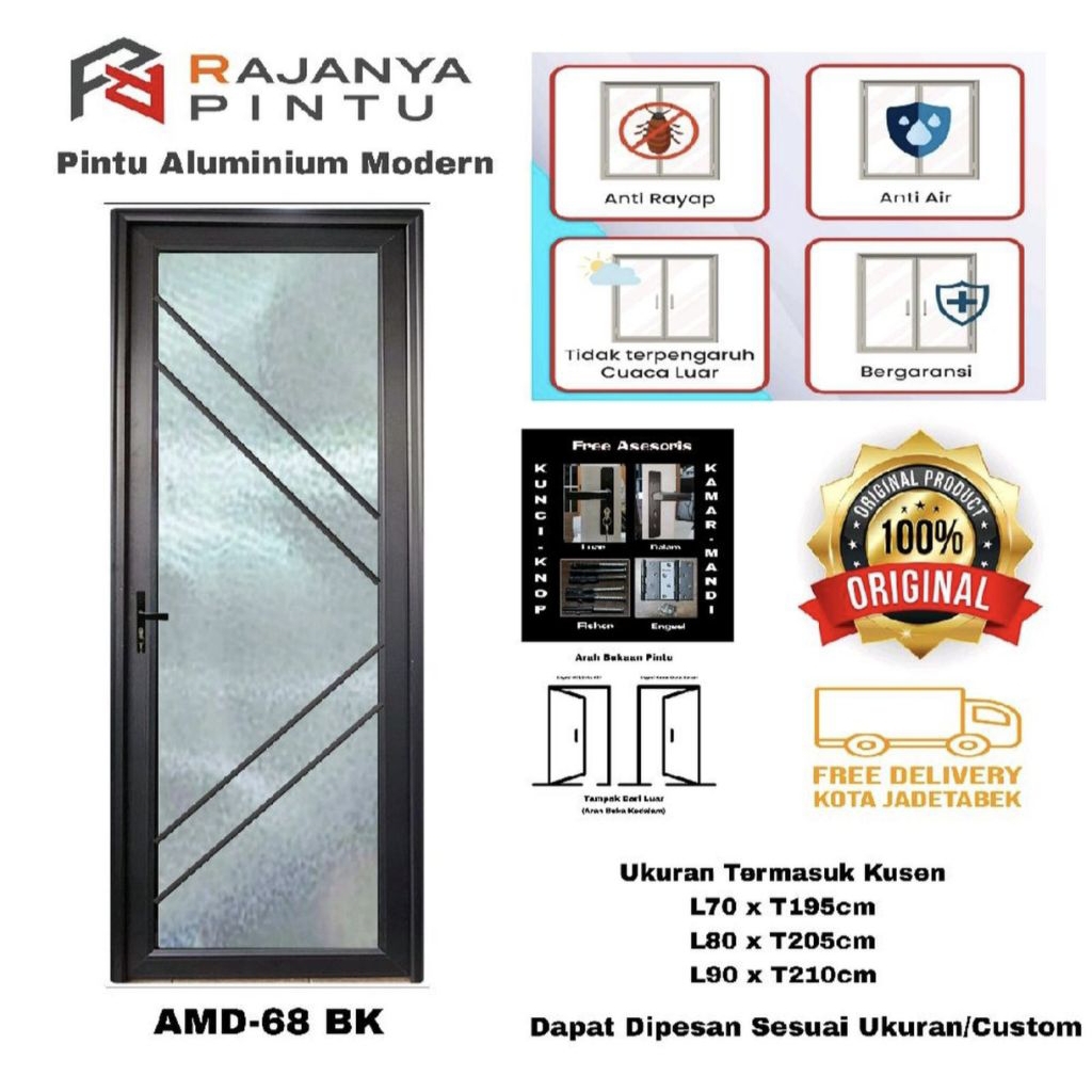 Pintu Aluminium AMD68BK Full Kaca Es 5mm