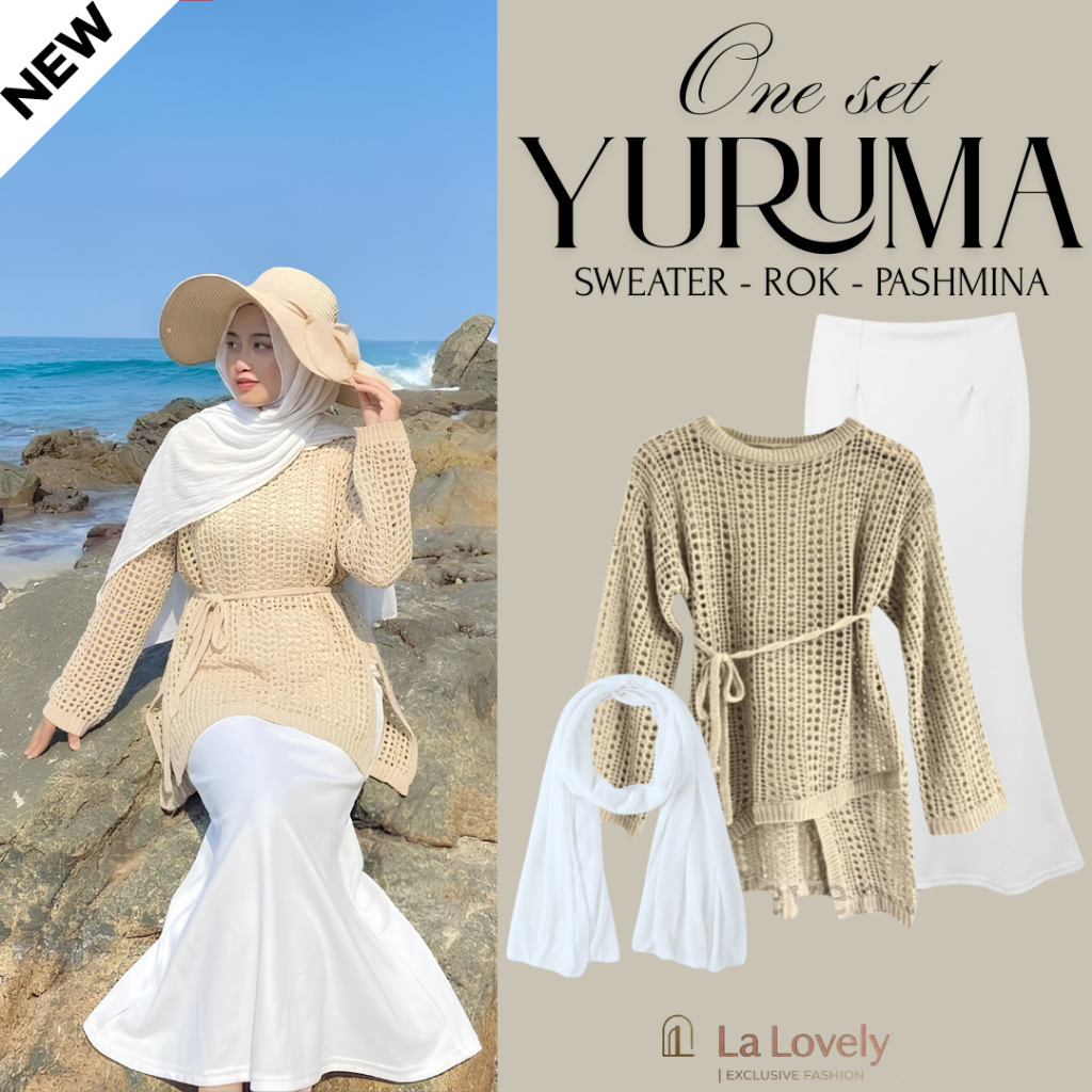 OUTFIT PANTAI AESTETIC ONESET 3IN1 BEST SELLER | Sweater Rajut + Rok Duyung + Pashmina | OOTD Healin