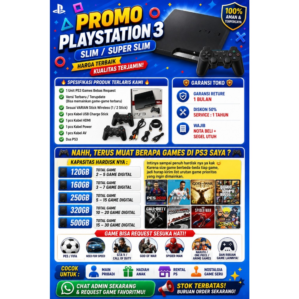 PLAYSTATION 3 SUPER SLIM MURAH PS3 / PS 3 STIK WIRELESS HDD HARDISK TERBARU