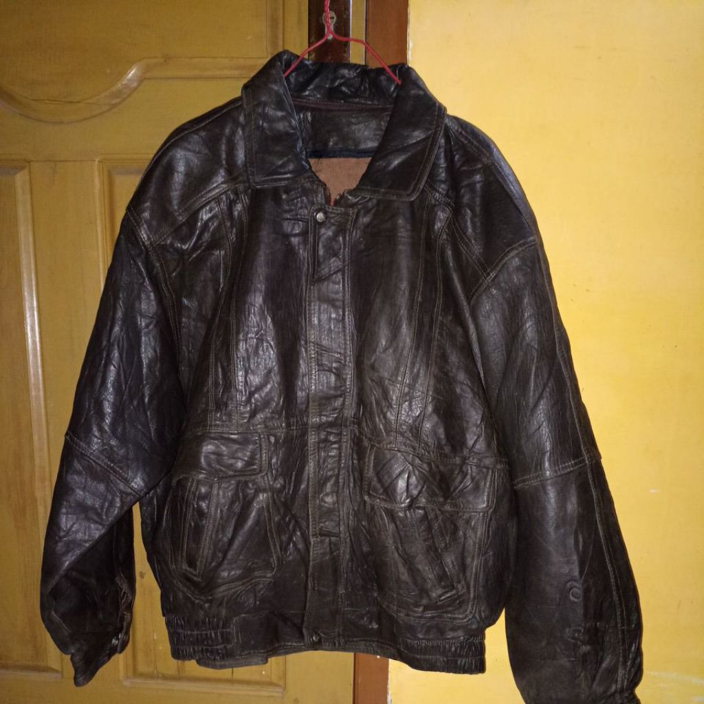 jaket coklat bomber Harrington Vintage kulit domba sz XL