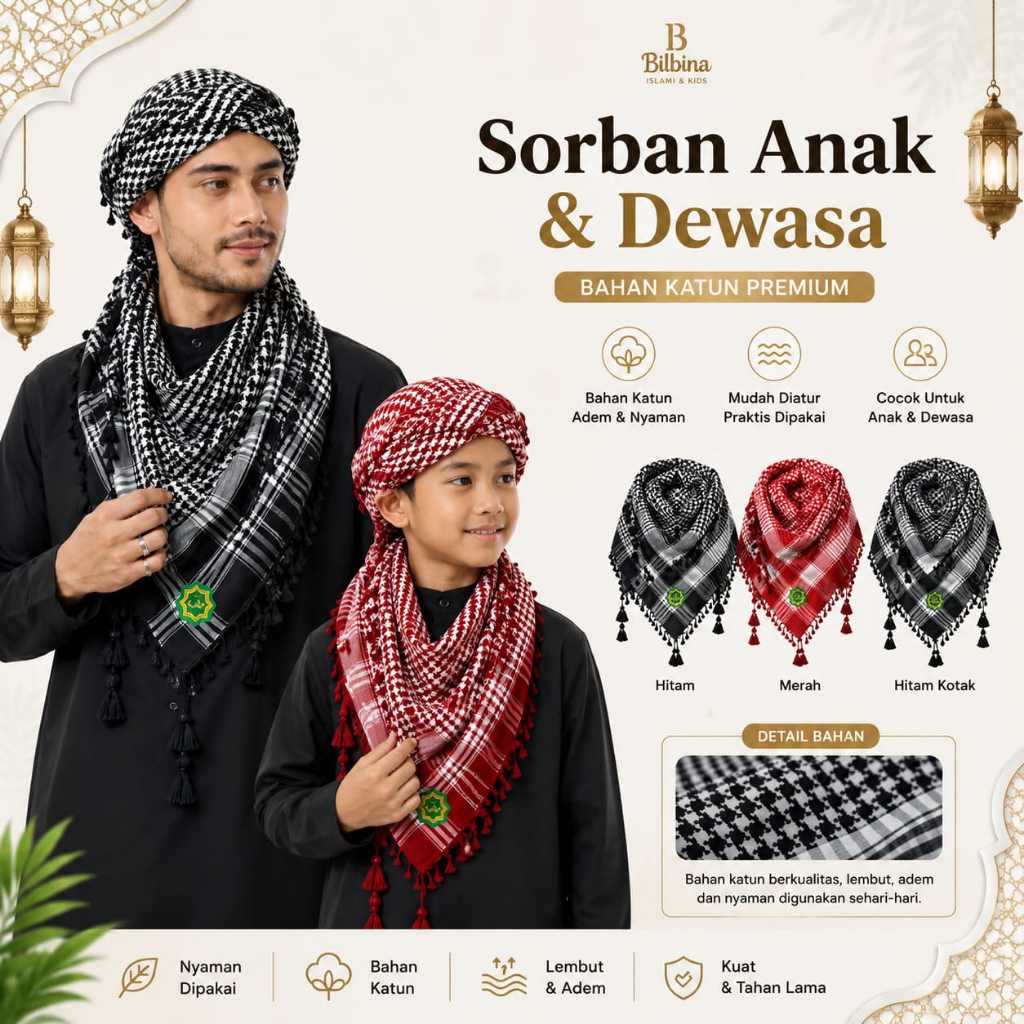 Sorban arab motif bahan katun nyaman di pakai untuk anak dan dewasa