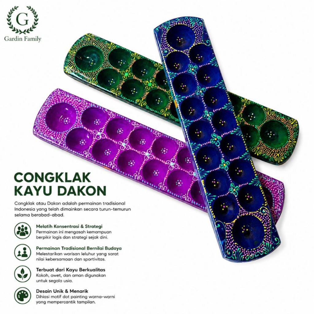 Mainan Klasik Congklak Kayu 65x14x3.5cm Jumbo 16 Hole Dakon Motif Batik