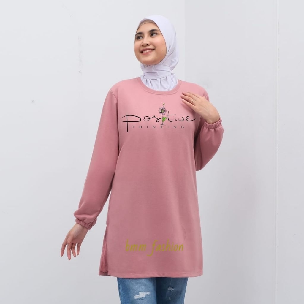 Baju tunik wanita lengan panjang /kaos tunik wanita murah motif positive thinking bahan babyterry pr