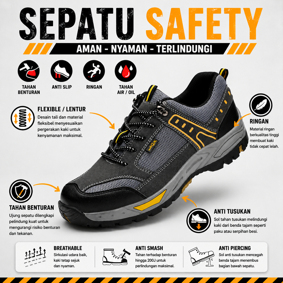 SEPATU SAFETY PRIA UJUNG BESI ORIGINAL SAFETY SHOES PRIA ANTI PAKU SEPATU SAFETY IMPORT ORIGINAL