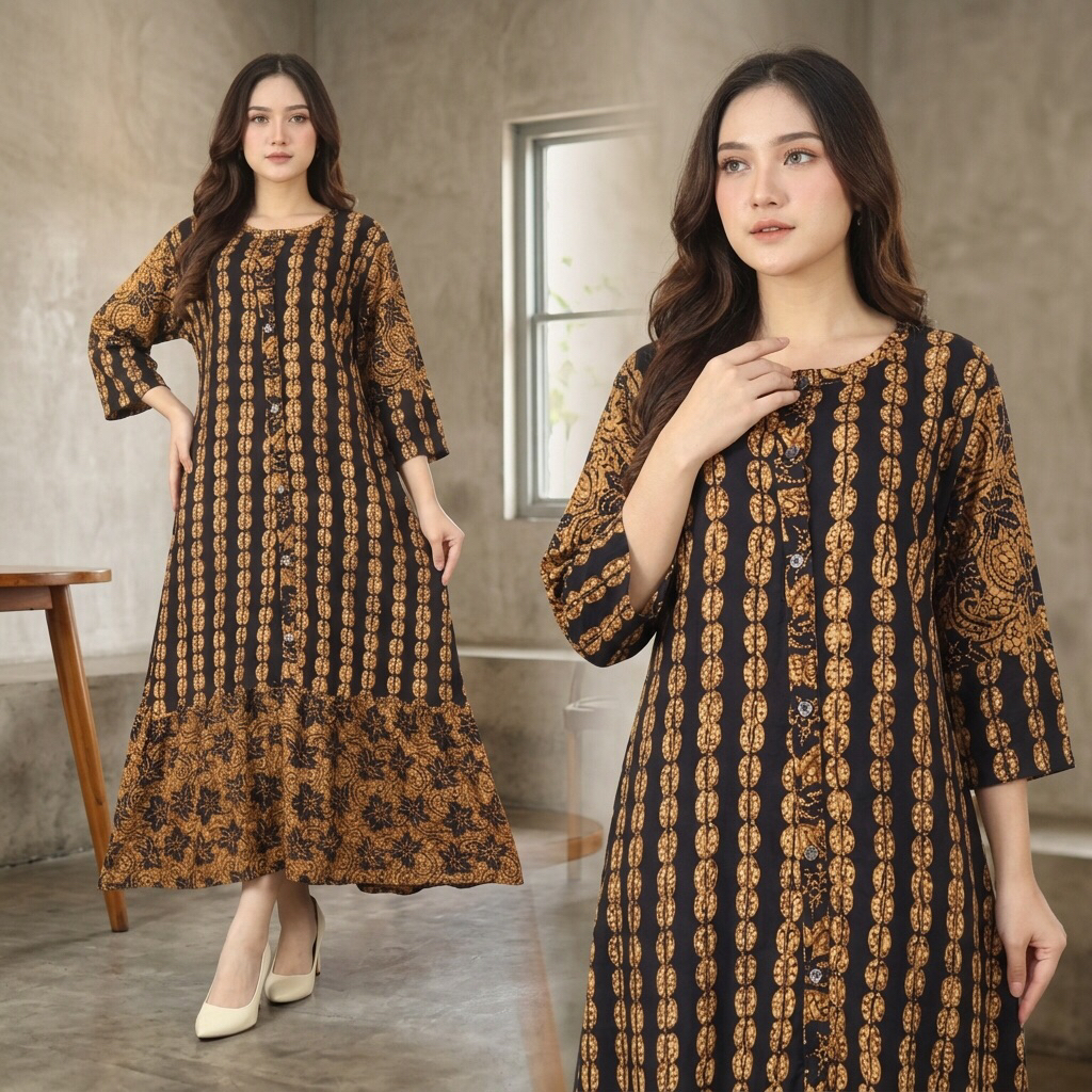 (LD 120 PB 140) Sackdress JENNA FULL KANCING Sackdress Klok Lengan 7/8 Original Batik Cap Modern Das