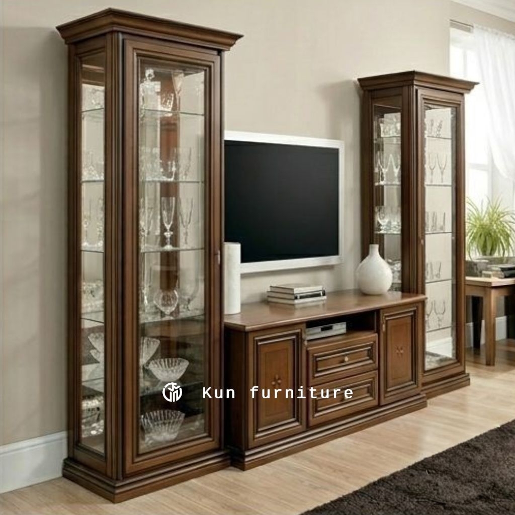 Bufet TV Jati Minimalis Klasik Modern Set Lemari Hias Kaca