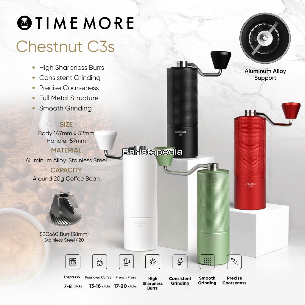 Timemore Chestnut C3s Manual Hand Coffee Beans Grinder Burr S2c 38mm - Alat Giling Biji Kopi 100% Or