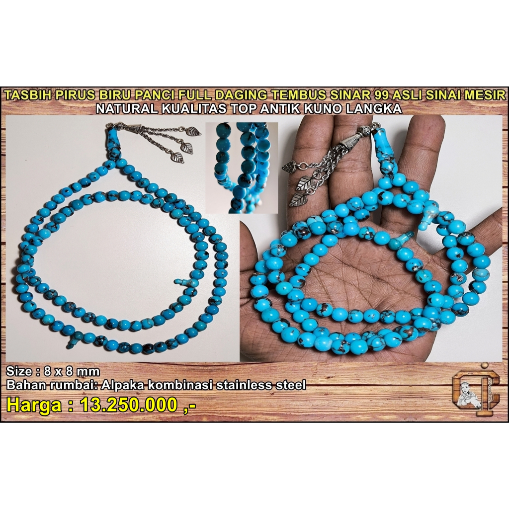 Tasbih batu pirus sinai mesir biru panci urat merah tembus sinar 99 butir asli alami kualitas top an