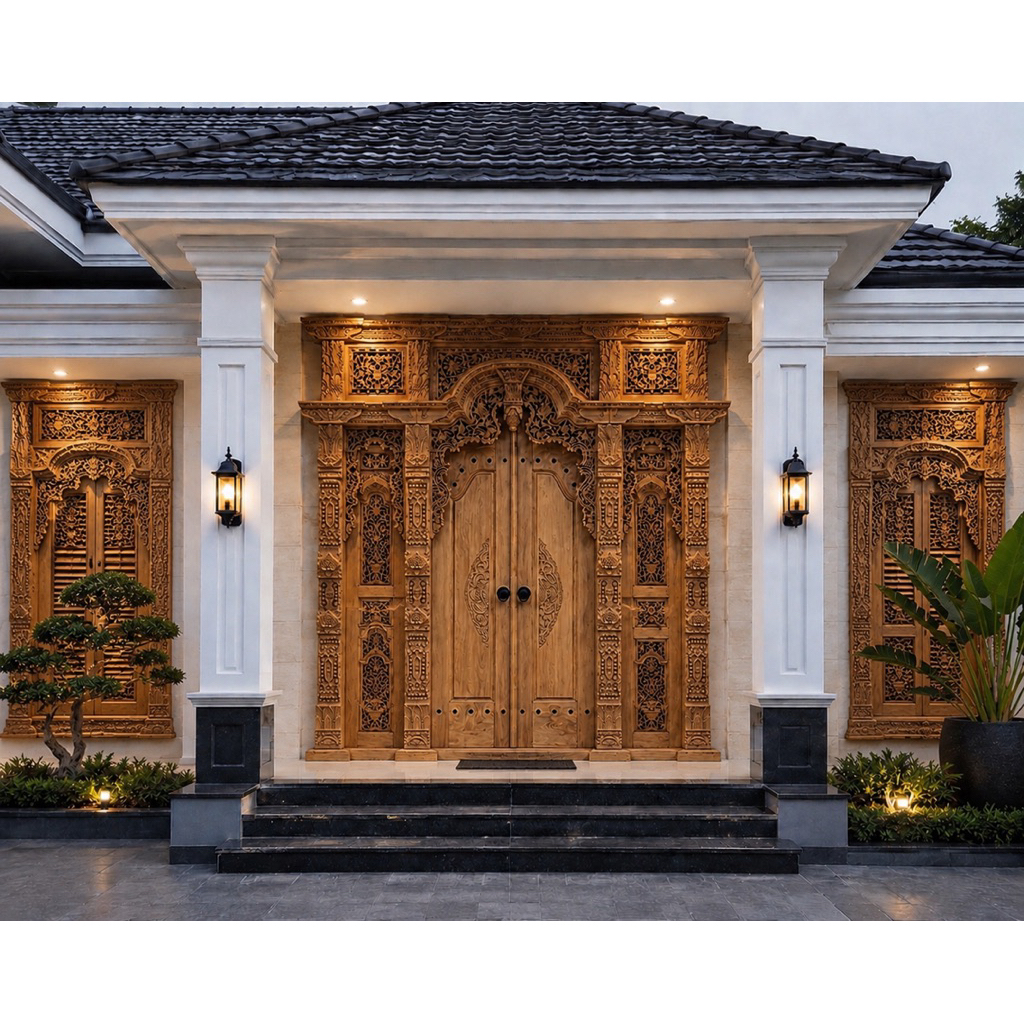 Gebyok Pintu Ukir Jepara Jati Asli – Pintu Utama Rumah Mewah Ukiran Full Handmade Natural Walnut Pre