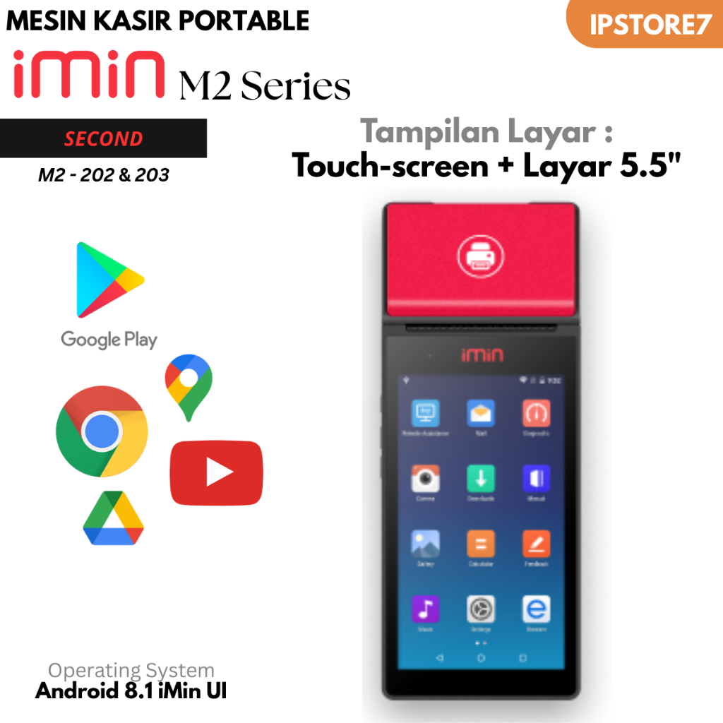 Mesin Kasir Portable Android iMin M2 202 203 Support Playstore Warna Merah - Second Normal