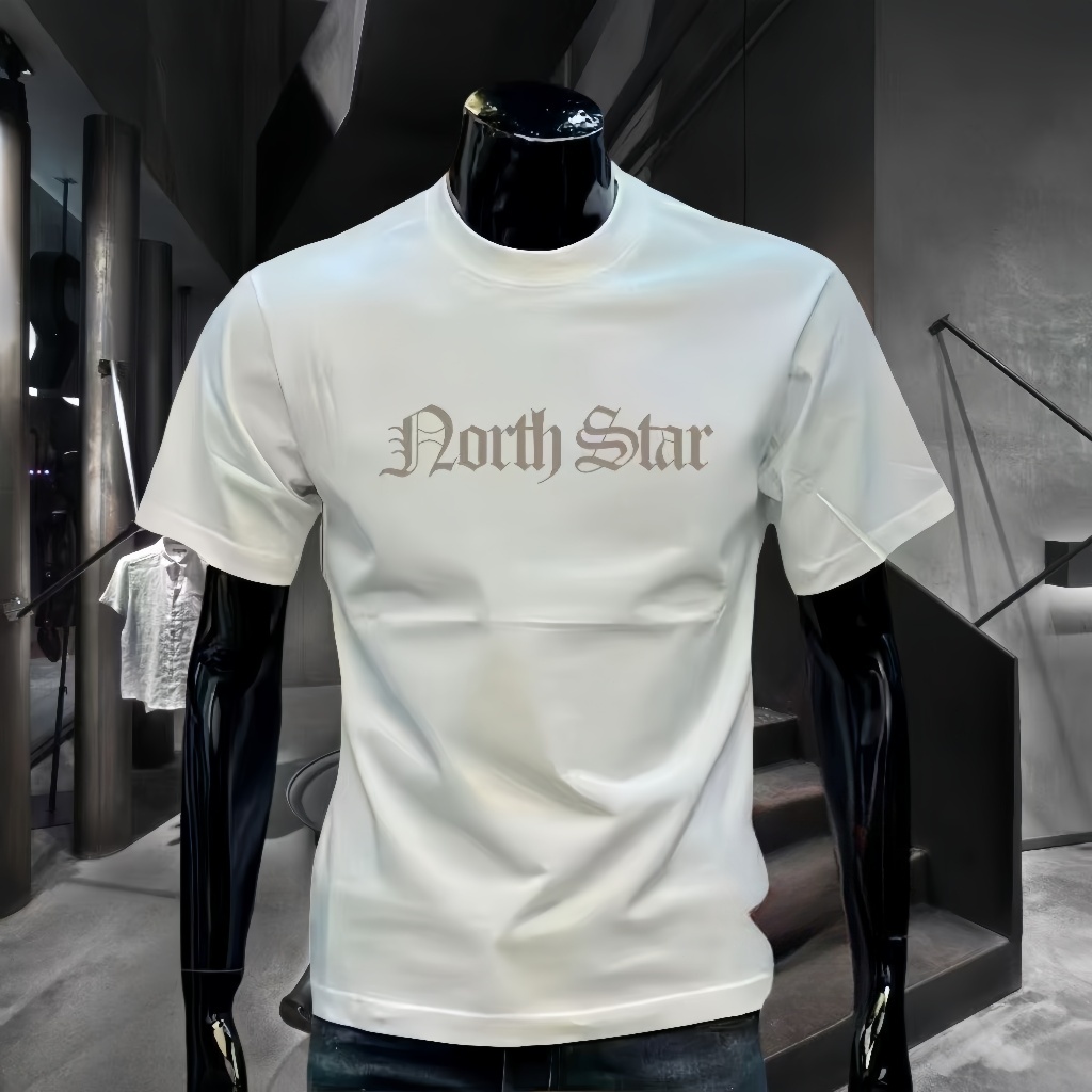 Kaos Unisex Putih Katun 100% - Corak Tulisan North Star Santai untuk Pria & Wanita