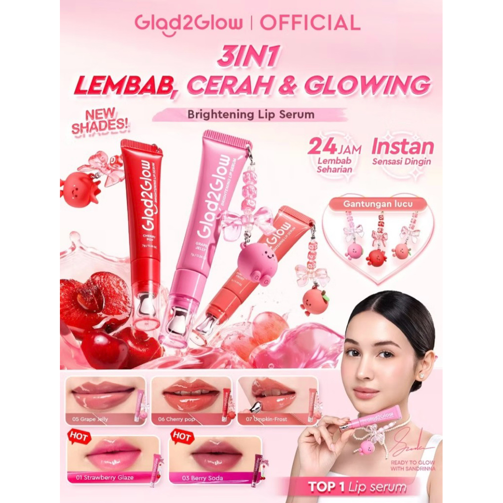 GLAD2GLOW BRIGHTENING LIP SERUM mencerahkan bibir with vitamin E (berry soda, strawberry, peach pie,