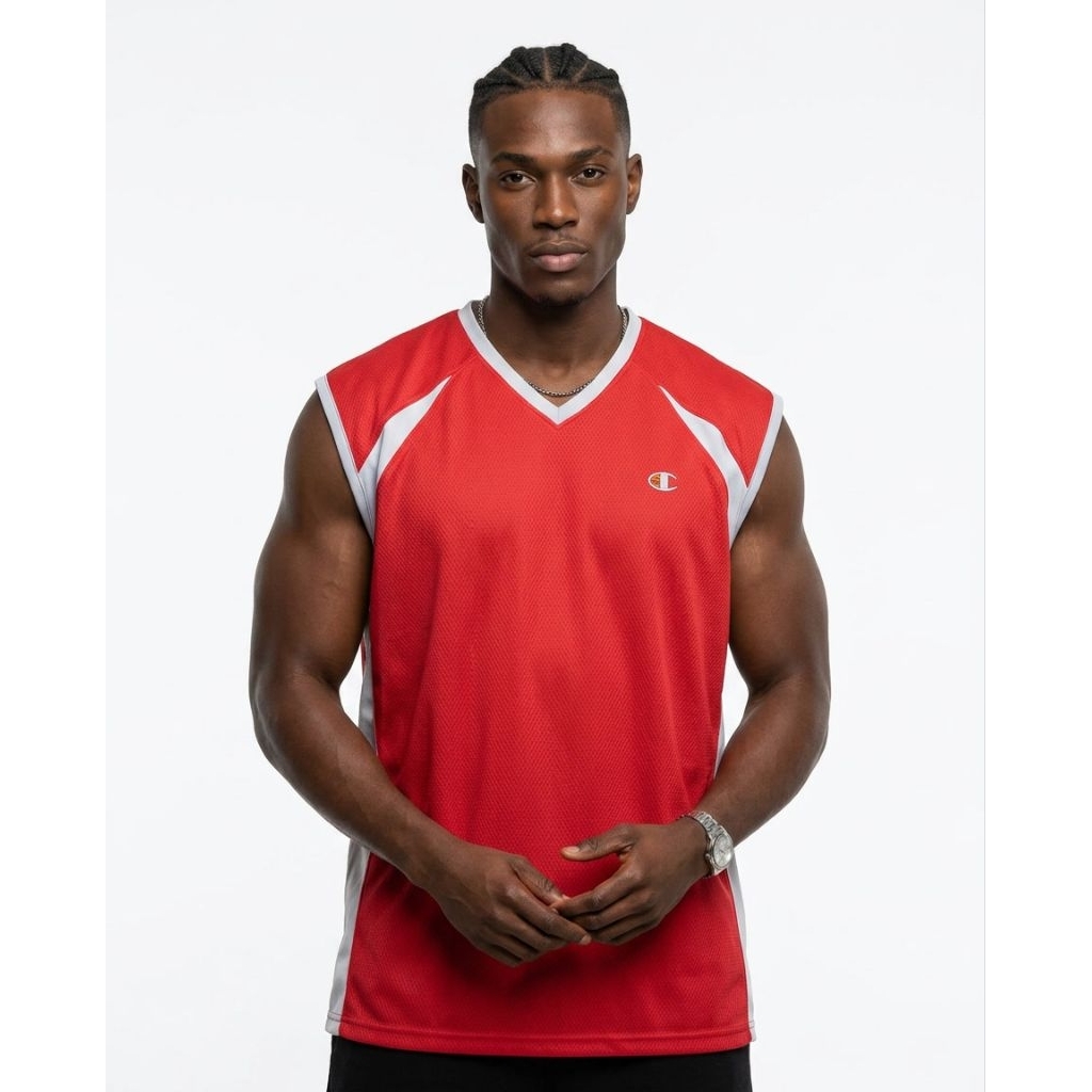 (Jersey Branded) Champion Basketball Men's Red Mesh Silver Tipped Sleeveless Basketball Jersey