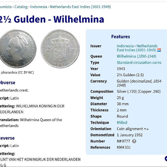 koin perak kuno Nedherlands Indies 2 1/2 Gulden Wilhelmina 1943 SMR